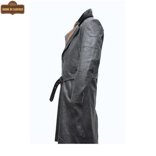 C006 German WW2 Brown Belted Fur Leather Trench Long Blade Runner Men's Coat - Home of Leather