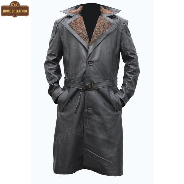 C006 German WW2 Brown Belted Fur Leather Trench Long Blade Runner Men's Coat - Home of Leather