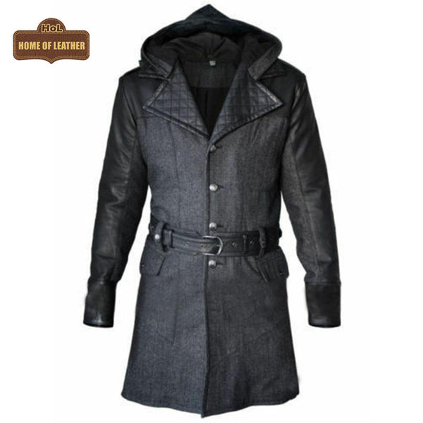 C019 Assassins Creed Men's Gray Syndicate Jacob Frye Trench Real Leather Wool Coat Men's Coat - Home of Leather