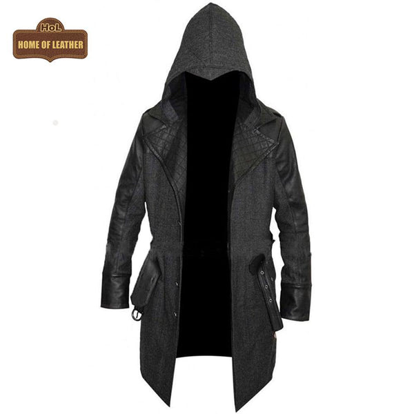 C019 Assassins Creed Men's Gray Syndicate Jacob Frye Trench Real Leather Wool Coat Men's Coat - Home of Leather