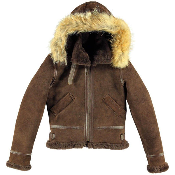 Women's F004 Suede Bomber Soft Shearling Genuine Leather Stylish Detachable Hood Brown Jacket - Home of Leather