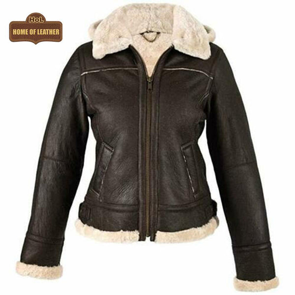 F010 Women's Hooded Bomber B3 Aviator RAF Genuine Fur Sheepskin Leather Jacket Women's Fur Jacket - Home of Leather