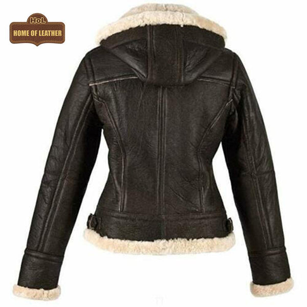 F010 Women's Hooded Bomber B3 Aviator RAF Genuine Fur Sheepskin Leather Jacket Women's Fur Jacket - Home of Leather 