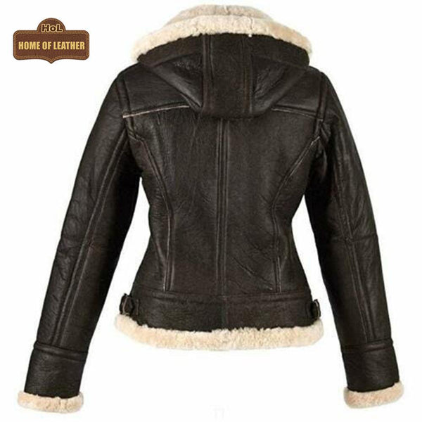 F010 Women's Hooded Bomber B3 Aviator RAF Genuine Fur Sheepskin Leather Jacket Women's Fur Jacket - Home of Leather