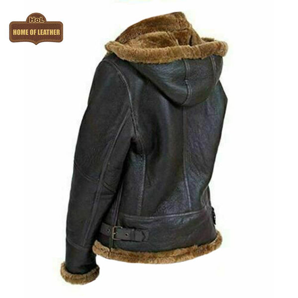 F011 Women Aviator Hooded B3 Bomber Fur Shearling Real Sheepskin Leather Jacket Women's Fur Jacket - Home of Leather 