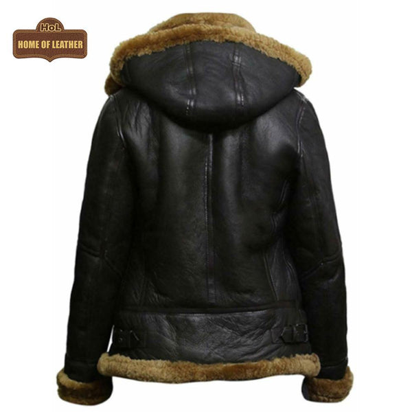 F011 Women Aviator Hooded B3 Bomber Fur Shearling Real Sheepskin Leather Jacket Women's Fur Jacket - Home of Leather 