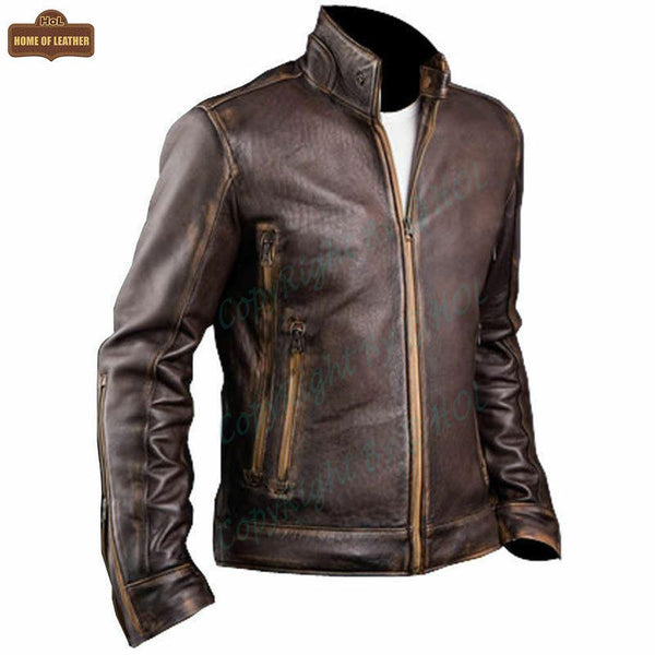 M010 Cafe Racer Stylish Distressed Brown Biker Vintage Real Leather Men's Jacket - Home of Leather