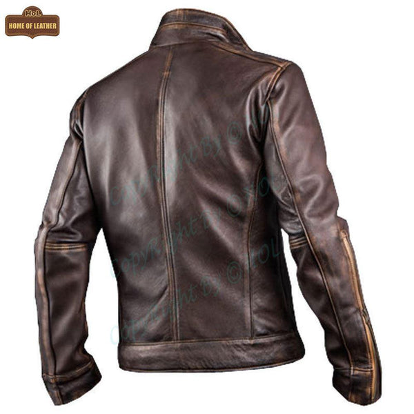 M010 Cafe Racer Stylish Distressed Brown Biker Vintage Real Leather Men's Jacket - Home of Leather