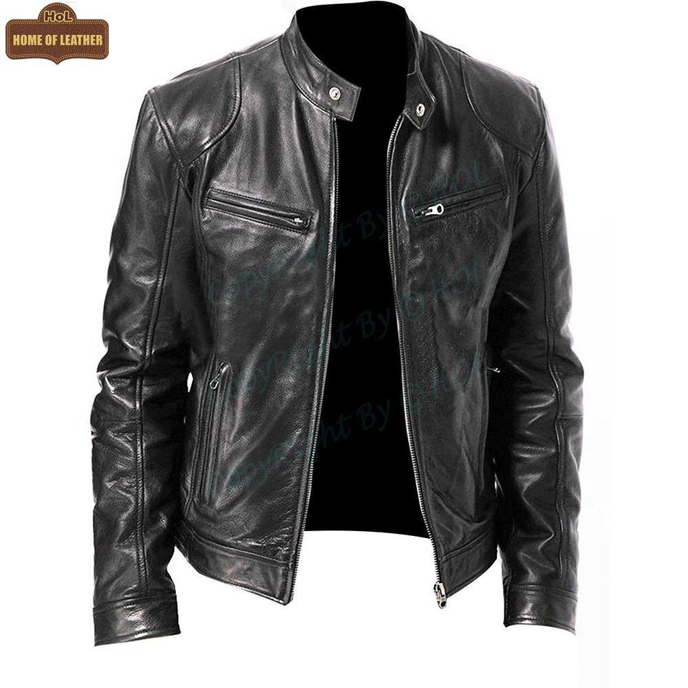 Vintage Cafe Racer Black Men Retro Biker Stylish Genuine Leather Jacket Home of Leather