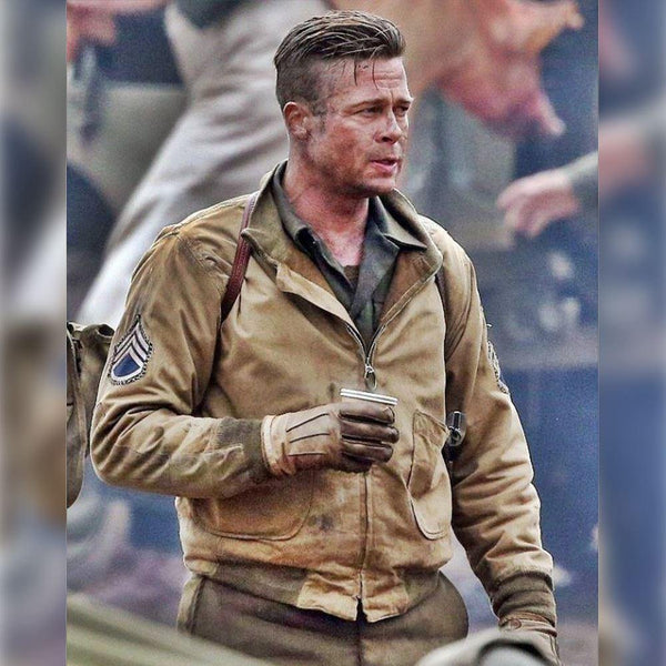 M017 Fury Brad Pitt Tanker Style WWII US Military Khaki Real Cotton Jacket For Men's - Home of Leather