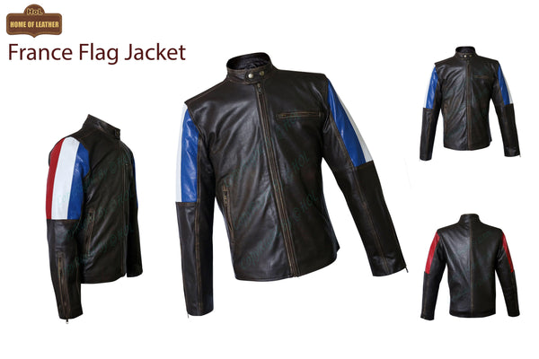 M032 Men's Genuine Leather Cafe Racer Brown France Flag Jacket - Home of Leather