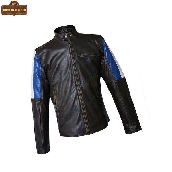 M032 Men's Genuine Leather Cafe Racer Brown France Flag Jacket - Home of Leather