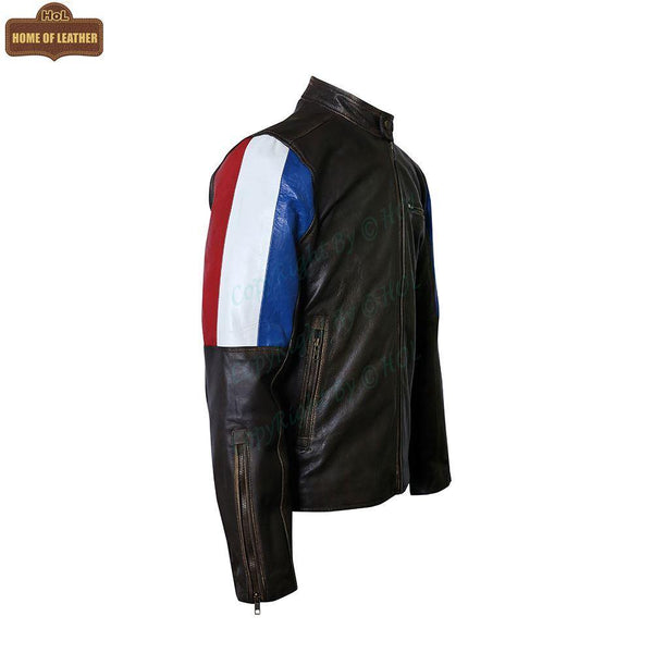M032 Men's Genuine Leather Cafe Racer Brown France Flag Jacket - Home of Leather