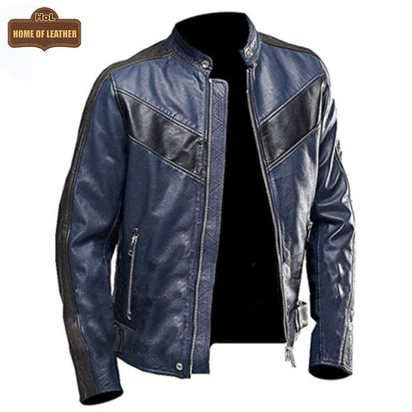 M041 Navy Blue Motorcycle Leather Style Classic Men's Genuine Biker Jacket - Home of Leather