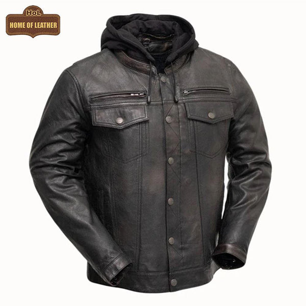 M050 Biker Black Hood Motorcycle Coat Latest Men's Real Leather Jacket - Home of Leather