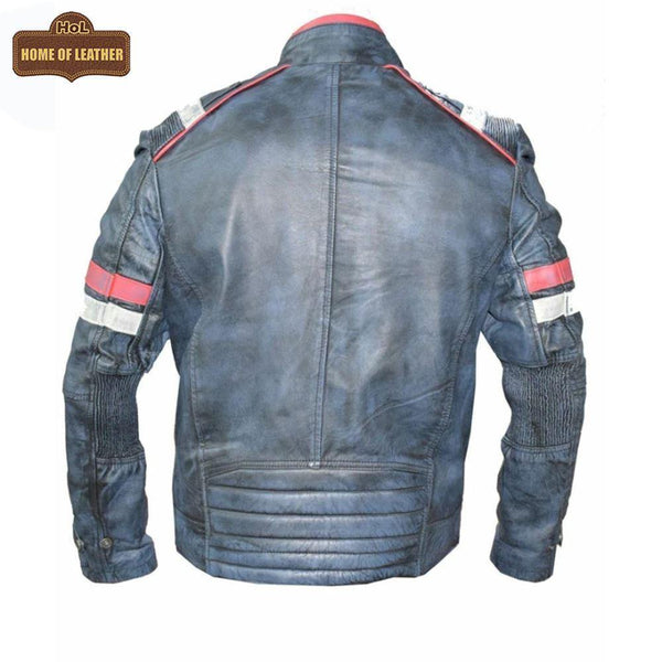 M052 Blue Cafe Racer Vintage Biker Distressed Motorcycle Jacket For Men - Home of Leather