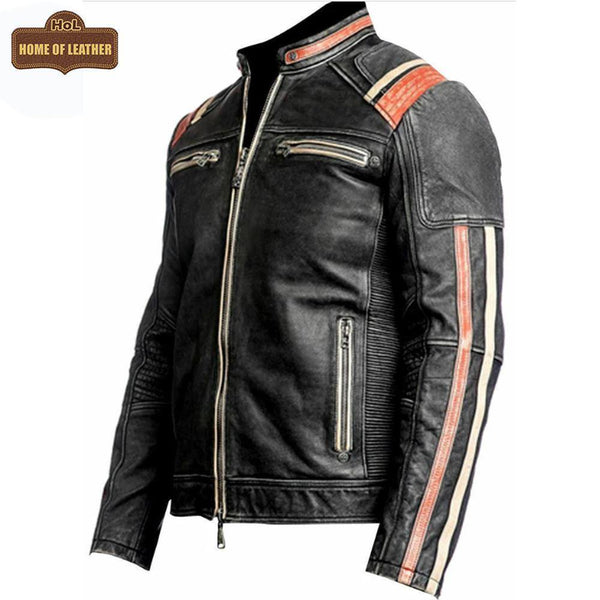 M053 Cafe Racer Retro 3 Vintage Distressed Motorcycle Black Jacket - Home of Leather