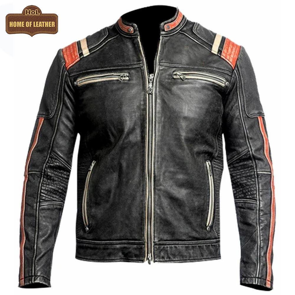 M053 Cafe Racer Retro 3 Vintage Distressed Motorcycle Black Jacket Home of Leather