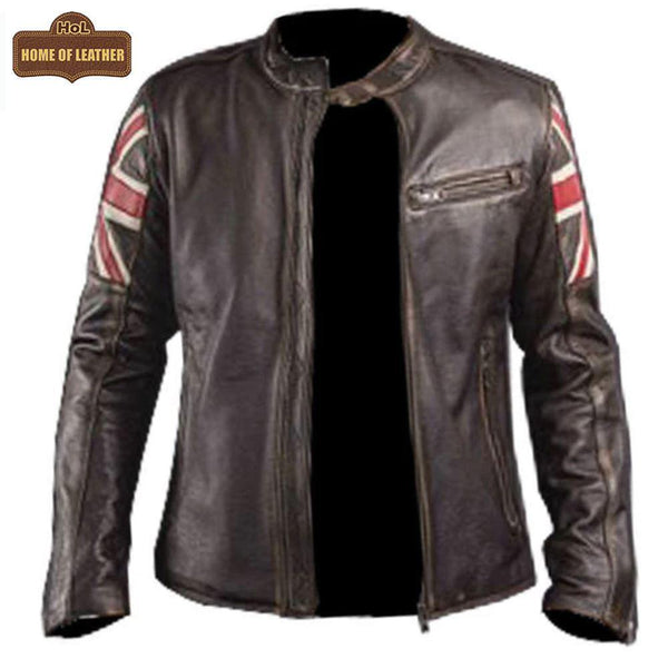 UK Flag M034 Cafe Racer Stylish Brown Biker Vintage Men's Jacket 2020 - Home of Leather