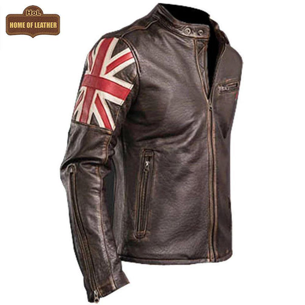 UK Flag M034 Cafe Racer Stylish Brown Biker Vintage Men's Jacket 2020 - Home of Leather