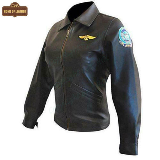 W006 Kelly McGillis Top Gun Black Fashion Real Leather Women's Military Style Jacket 2020 - Home of Leather