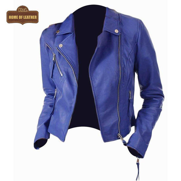 W015 Blue Biker Motorcycle Wear Faux Leather Jacket For Women Leather Jacket - Home of Leather