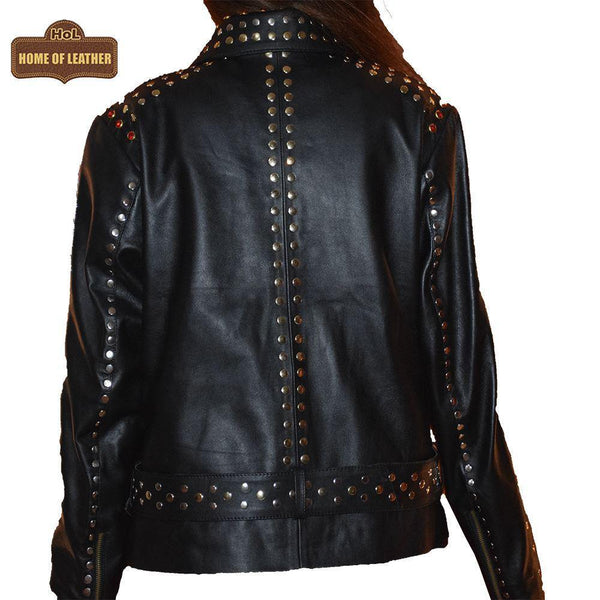 W019 Women Black Silver and Golden Studs Sheepskin Leather Jacket - Home of Leather