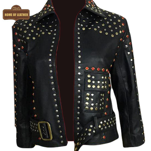 W019 Women Black Silver and Golden Studs Sheepskin Leather Jacket - Home of Leather