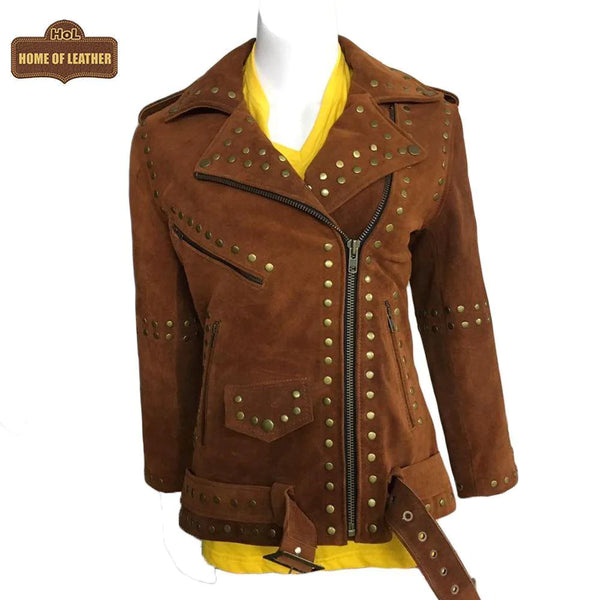 W020 Women Brown Silver Studded Brando Leather Jacket - Home of Leather