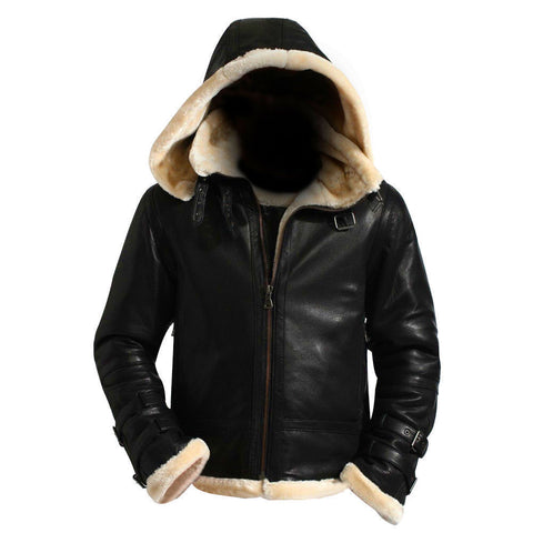 Sale B001 B3 Black Removable Hood Fur Shearling Genuine Leather Bomber Black Jacket For Men -XS