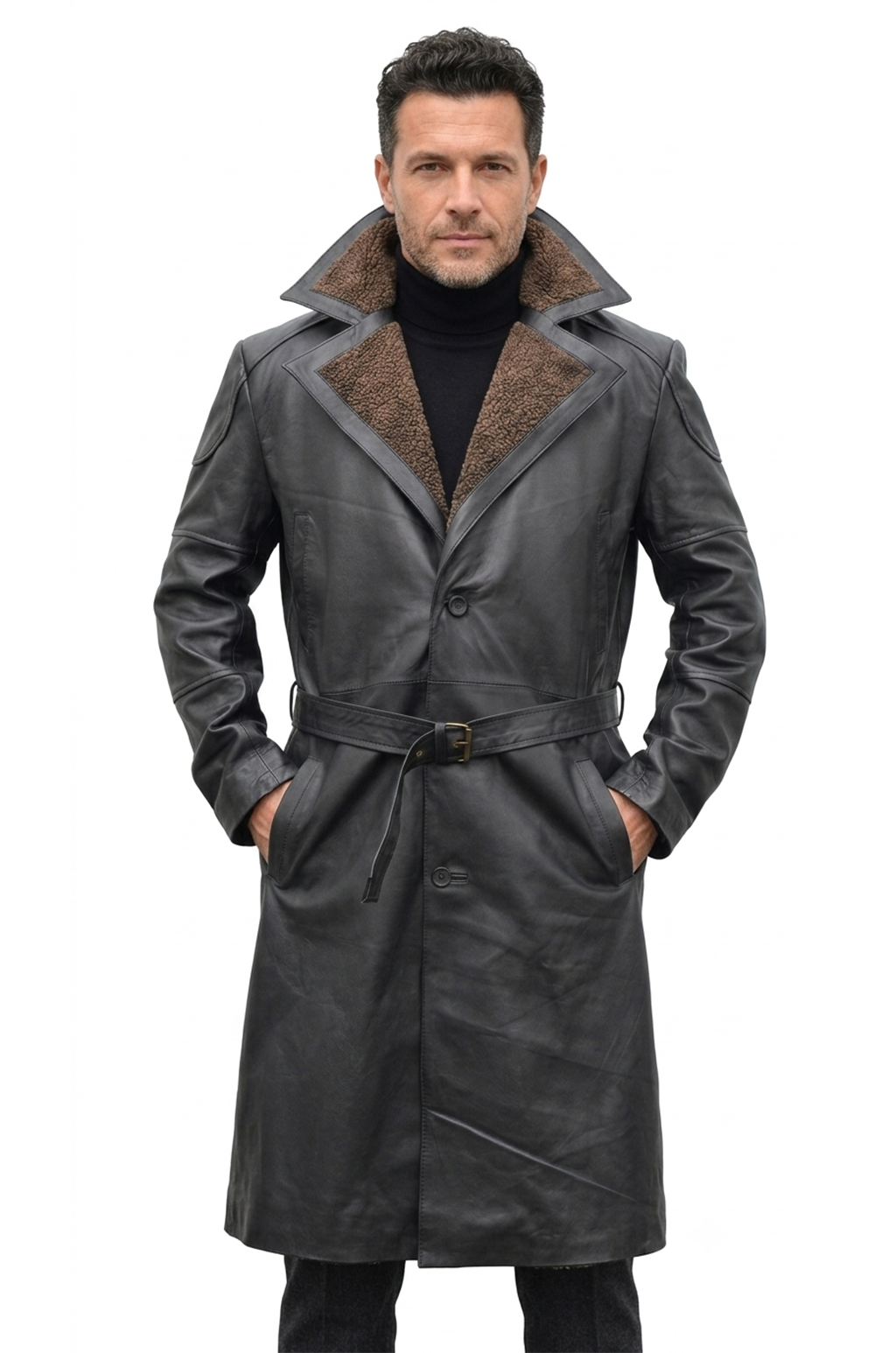 C006 German WW2 Brown Belted Fur Lapel Trench Long Blade Runner Men's Coat