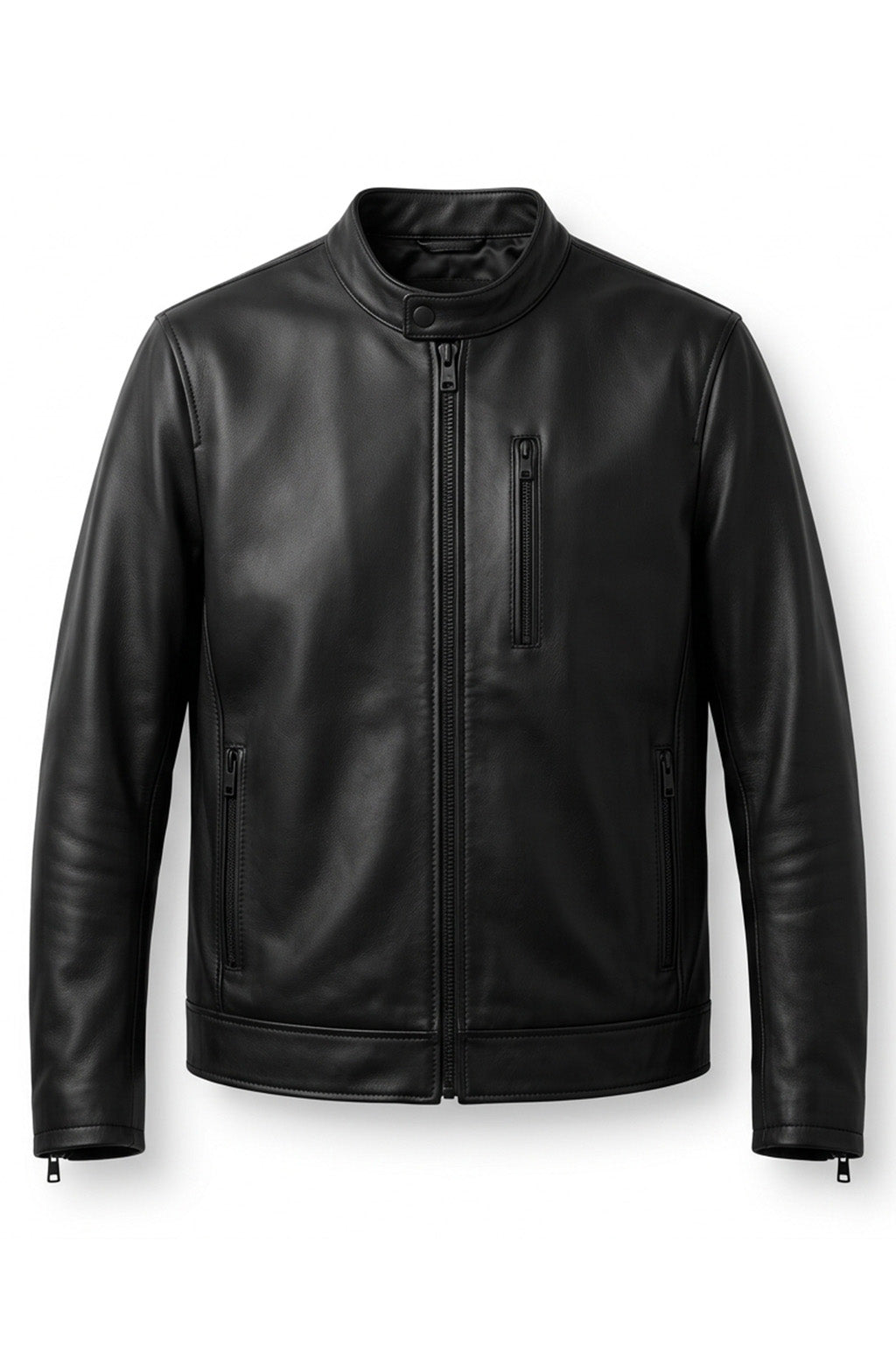 M00102 Men's Premium Black Genuine Leather Jacket – Classic Stand Collar Zip-Up