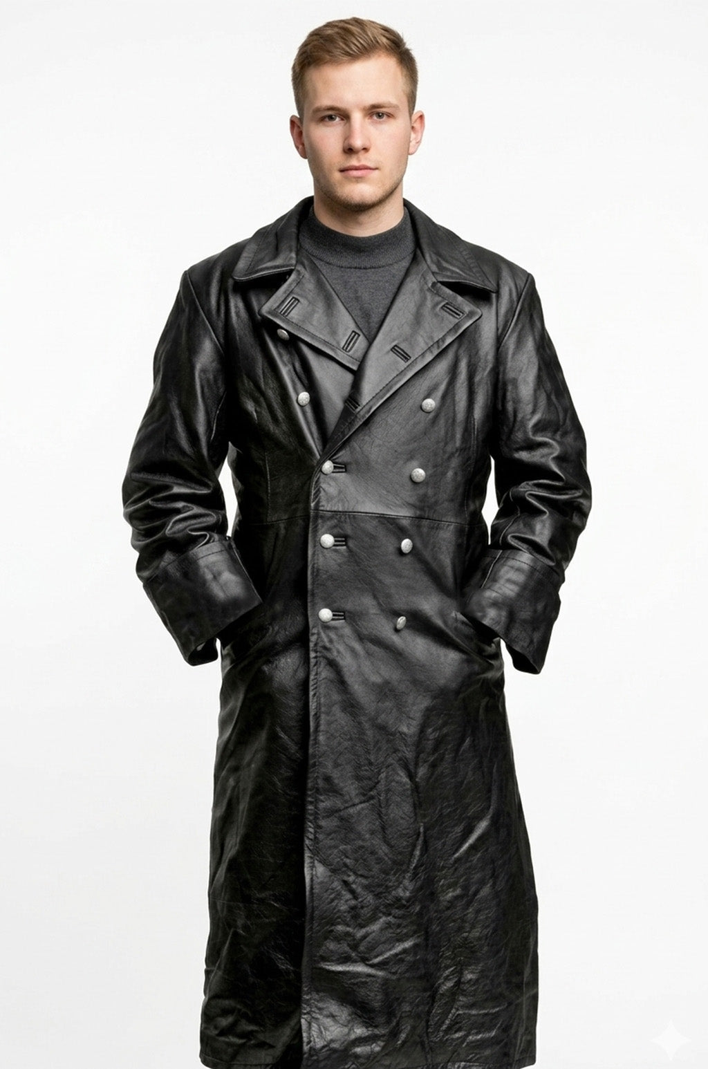 C004: Black German Army Classic Trench Genuine Jacket Real Leather Military Men's Fashion Coat