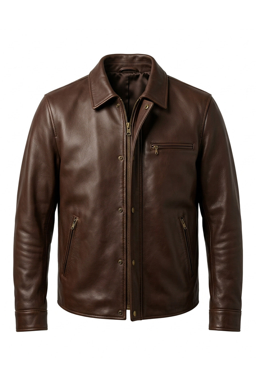 M00103 Men's Premium Brown Genuine Leather Jacket – Classic Zip-Up Shirt Collar