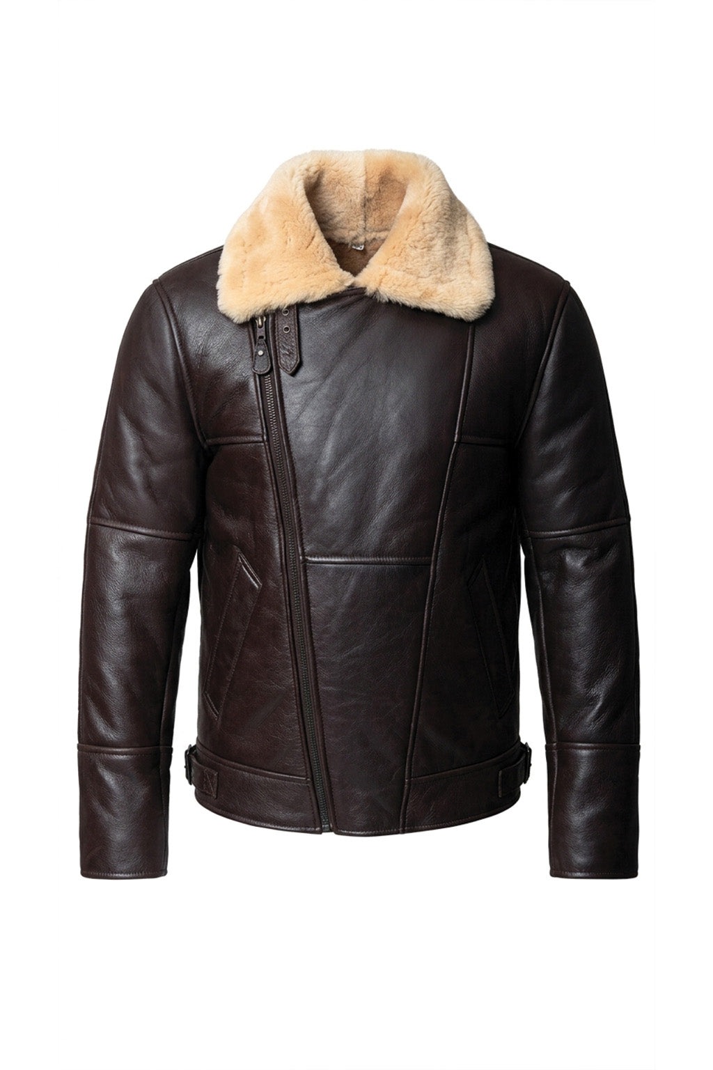 B007 New Men's Real Leather & Fur Bomber Brown Cross Army Style Wear Jacket