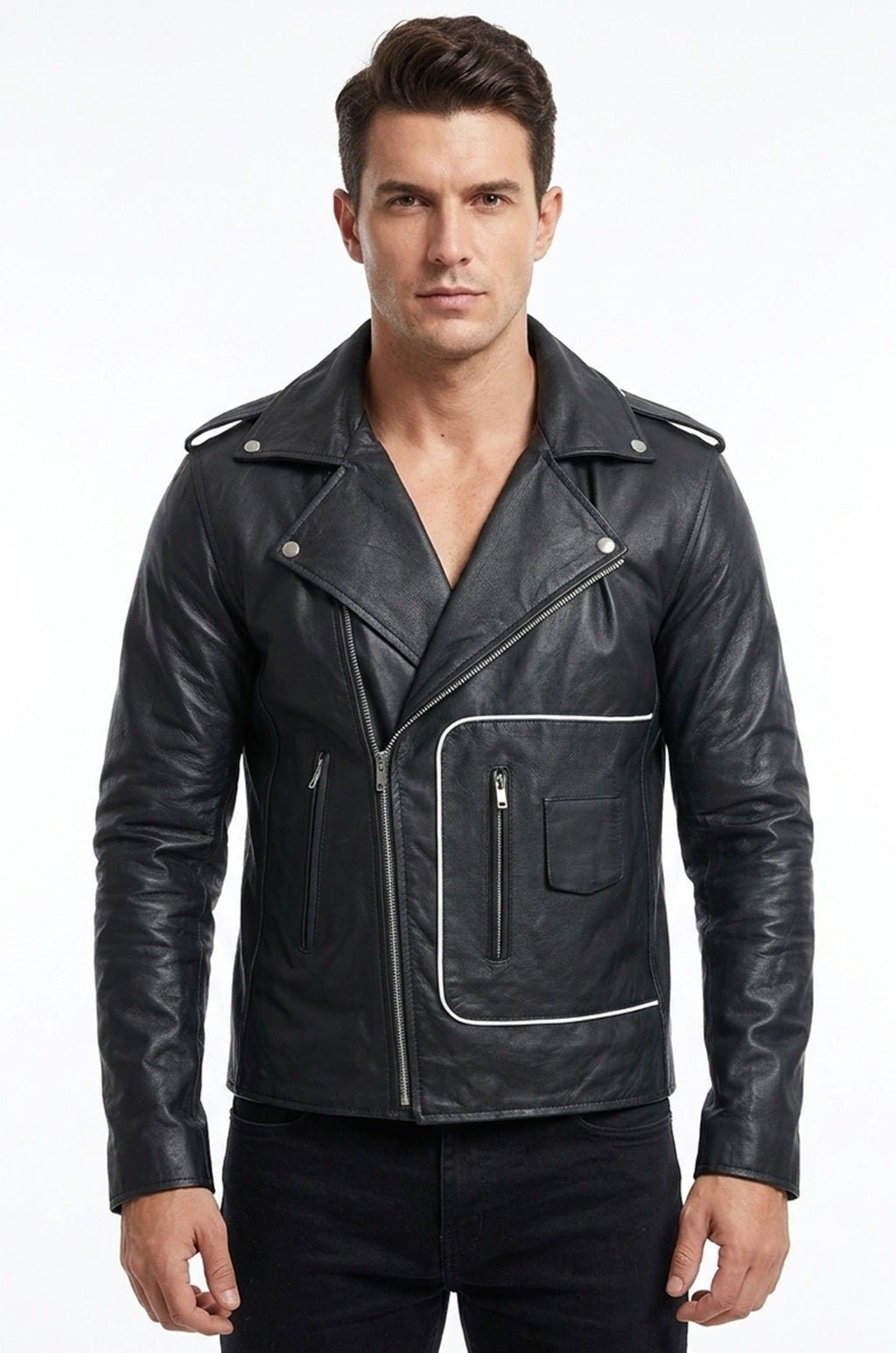 MMJ19 Men's Grease 2 John Travolta T Birds Black Real Leather Biker Jacket