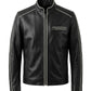 M00104 Men’s Black Real Leather Jacket with White Piping – Stand Collar Zip-Up Motorcycle Jacket