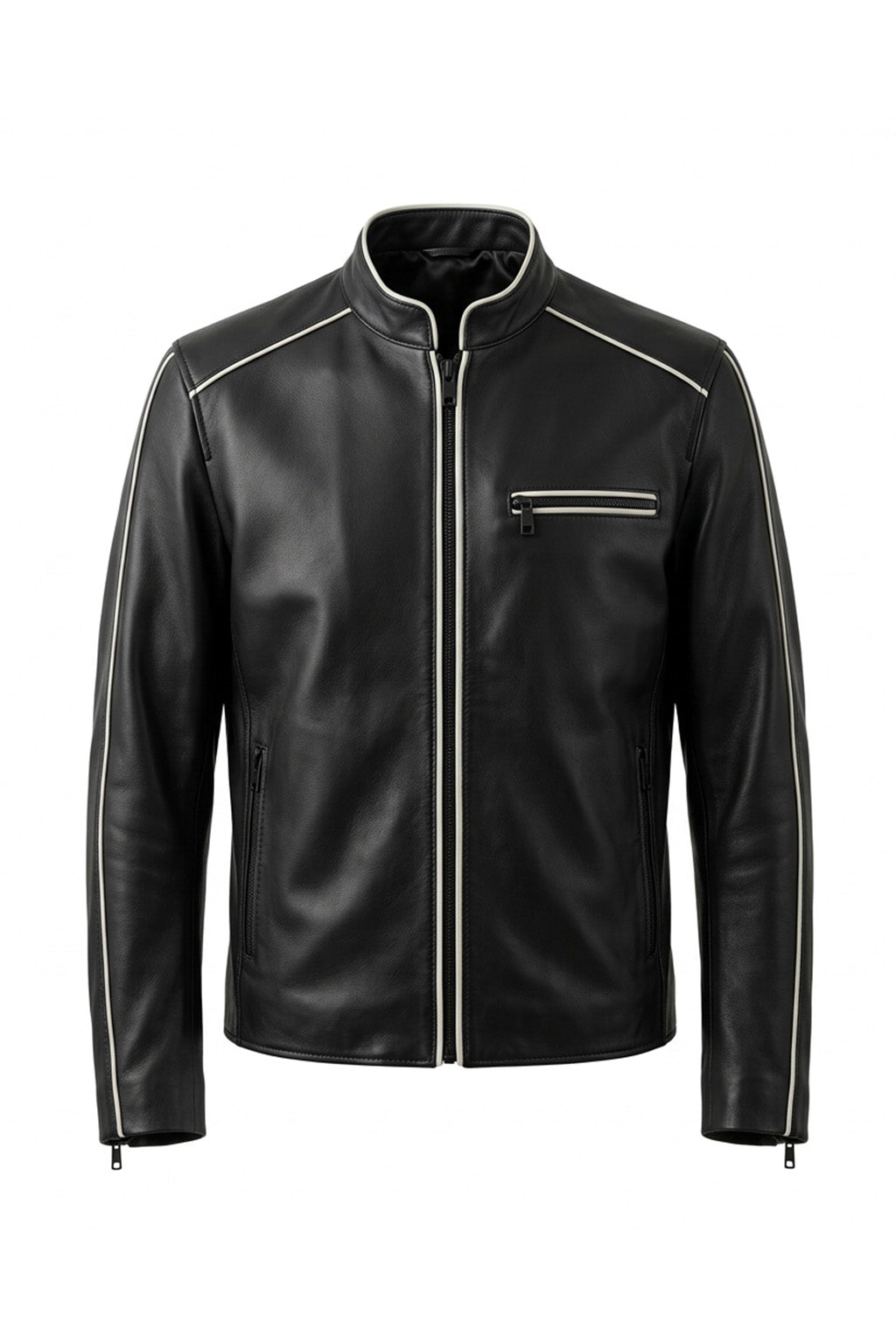 M00104 Men’s Black Real Leather Jacket with White Piping – Stand Collar Zip-Up Motorcycle Jacket