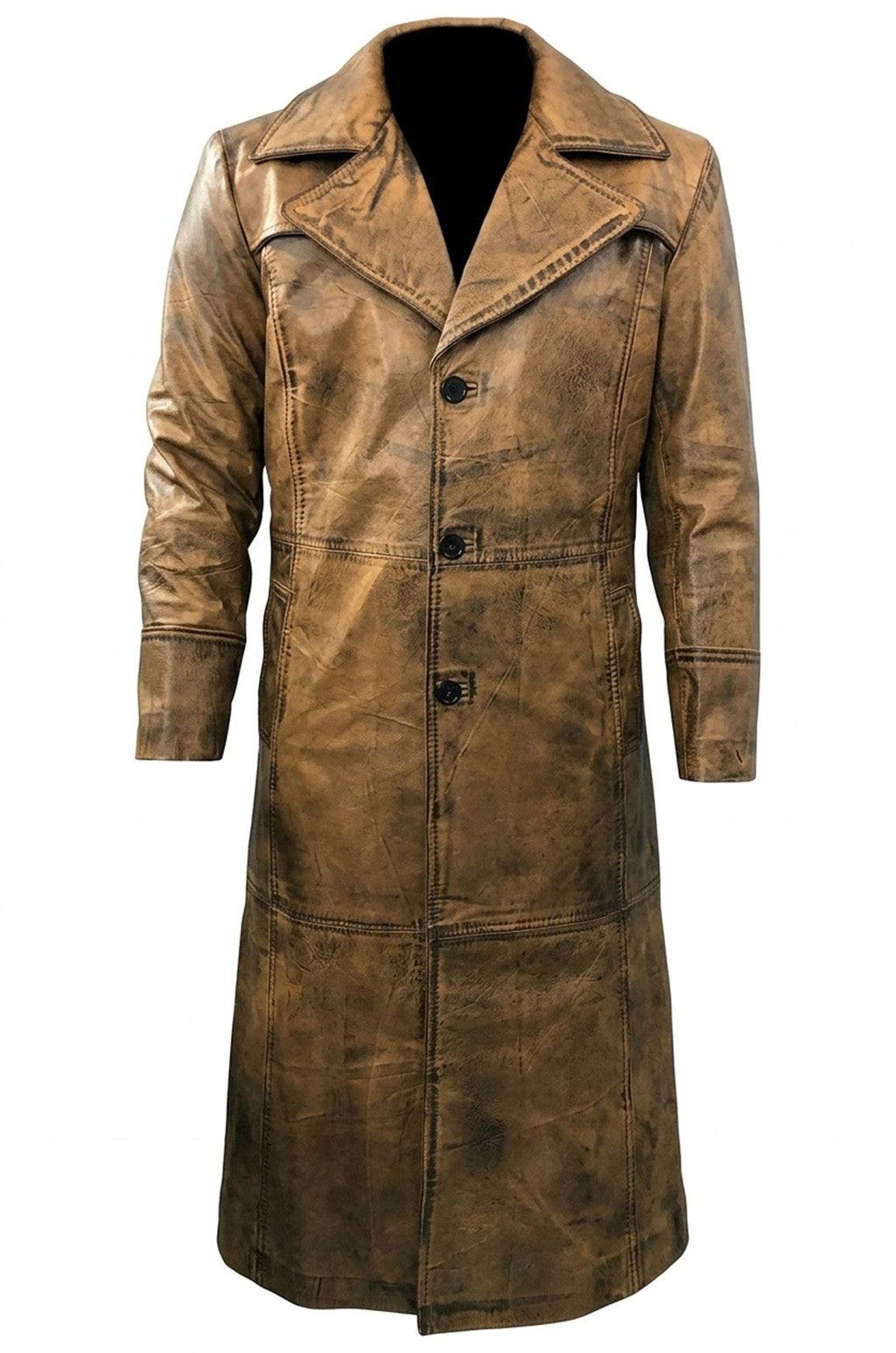 Men's Leather Trench Coat Long Jacket Vintage Distressed C015 Brown Coat