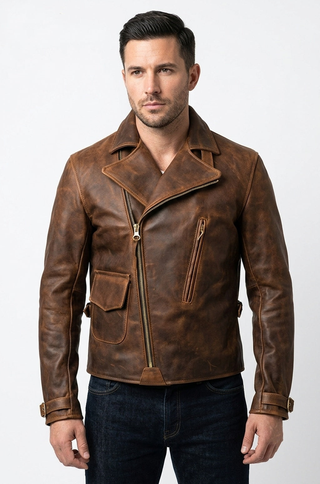 MMJ15 Men's Captain America The First Avengers Distressed Brown Army Style Biker Jacket