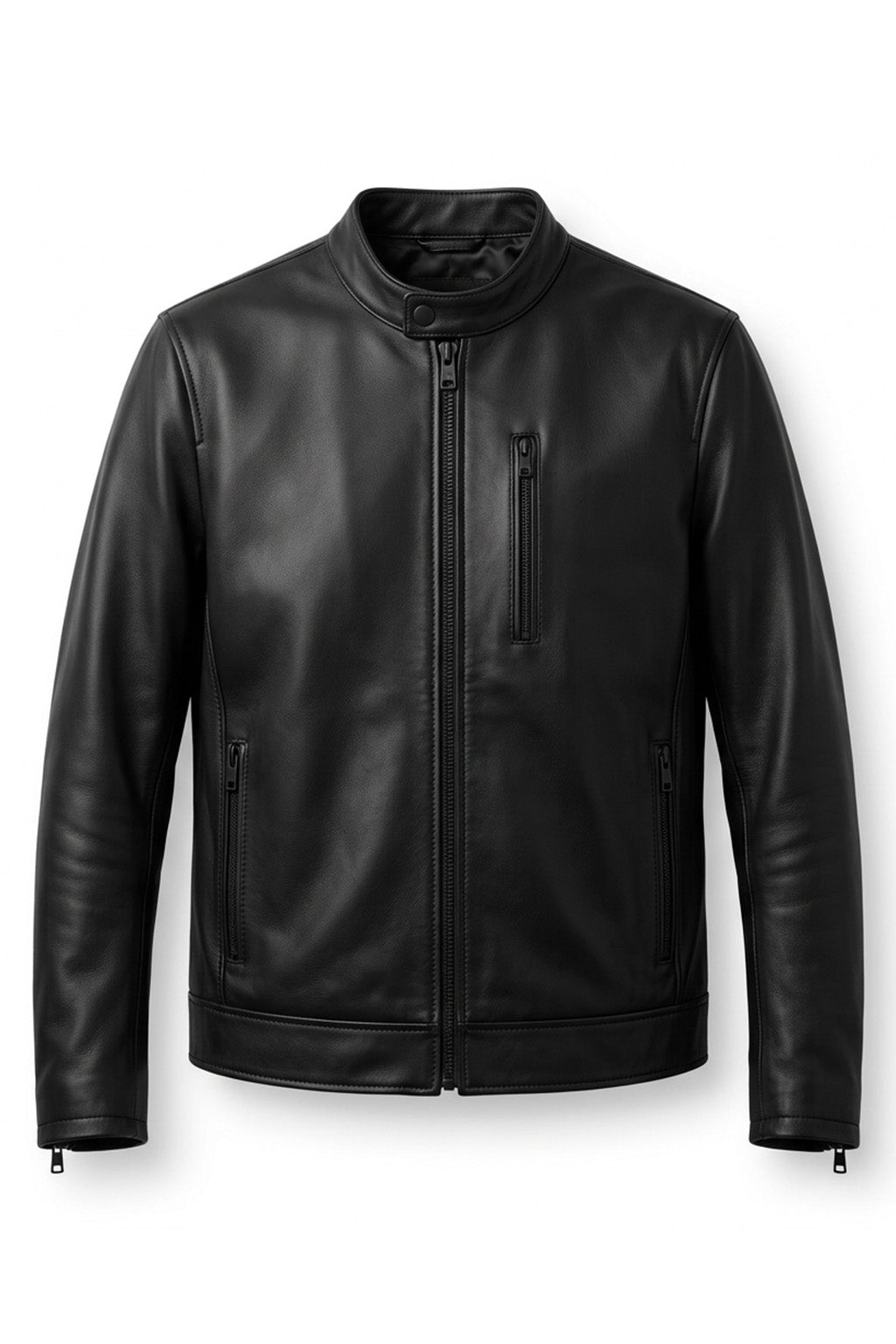 M00105 Men’s Black Real Leather Stand Collar Jacket – Full-Zip Casual Biker Style Jacket
