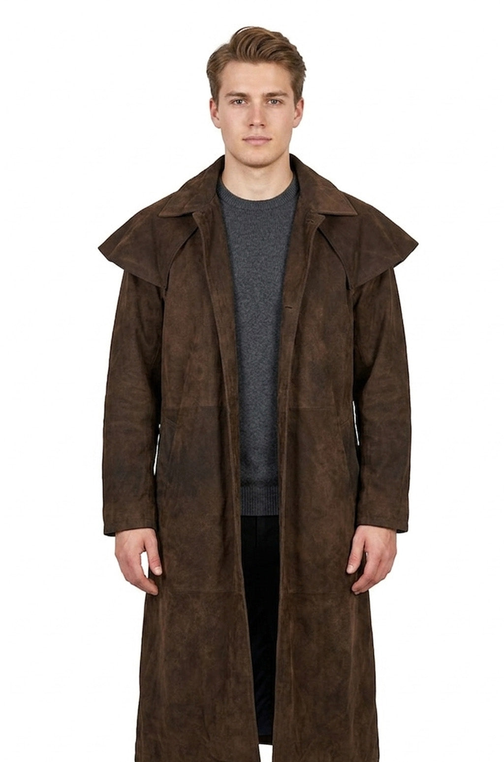C014 A7 Vegas Ten Brown Genuine Suede Leather Real Jacket Trench Coat For Men Classic
