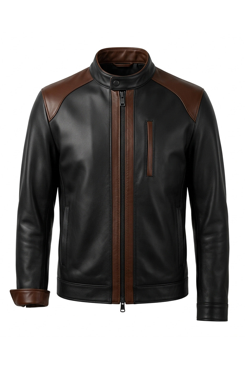 M00101 Men's Premium Genuine Leather Jacket – Black & Brown Two-Tone Stand Collar Zip-Up