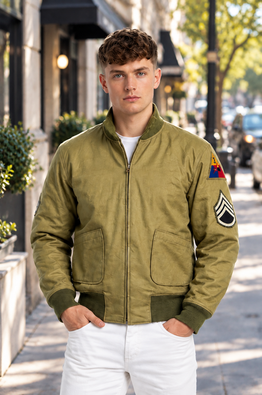 MCJ01 Fury Brad Pitt Tanker Style WWII US Military Khaki Real Cotton Jacket For Men's