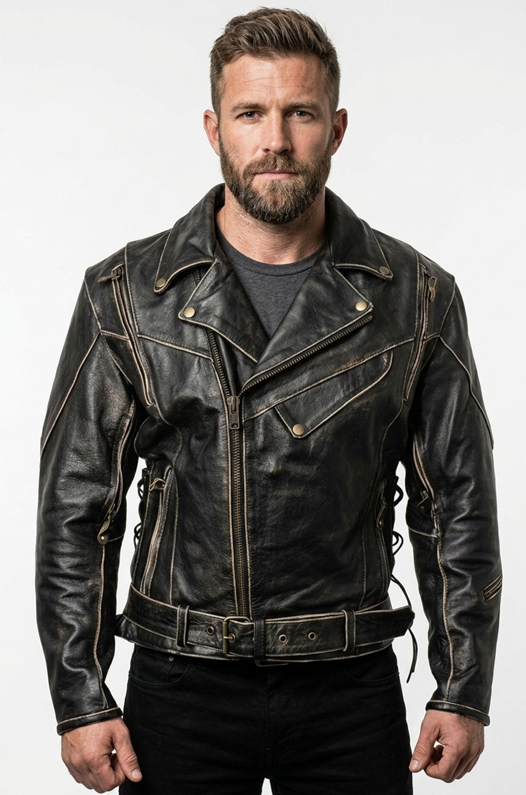 MMJ14 Bike Wear Terminator Fashion Black Motorcycle Real Leather Jacket For Men