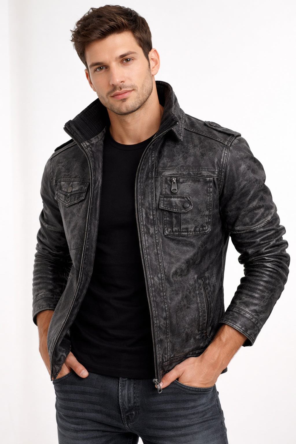 Men Vintage Black Classic Distress Wax Motorcycle Real Leather Biker Jacket