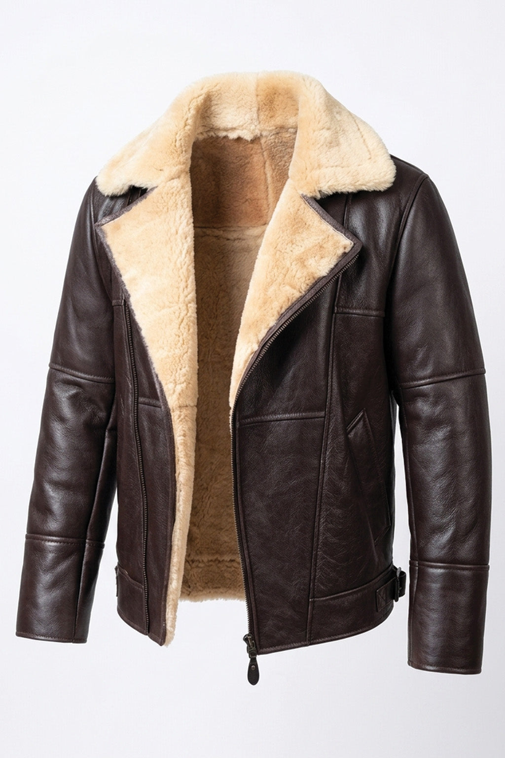 B007 New Men's Real Leather & Fur Bomber Brown Cross Army Style Wear Jacket