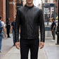 M00105 Men’s Black Real Leather Stand Collar Jacket – Full-Zip Casual Biker Style Jacket