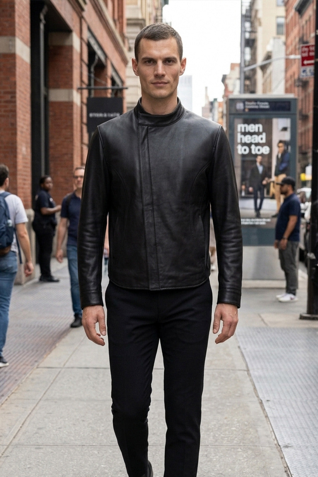 M00105 Men’s Black Real Leather Stand Collar Jacket – Full-Zip Casual Biker Style Jacket