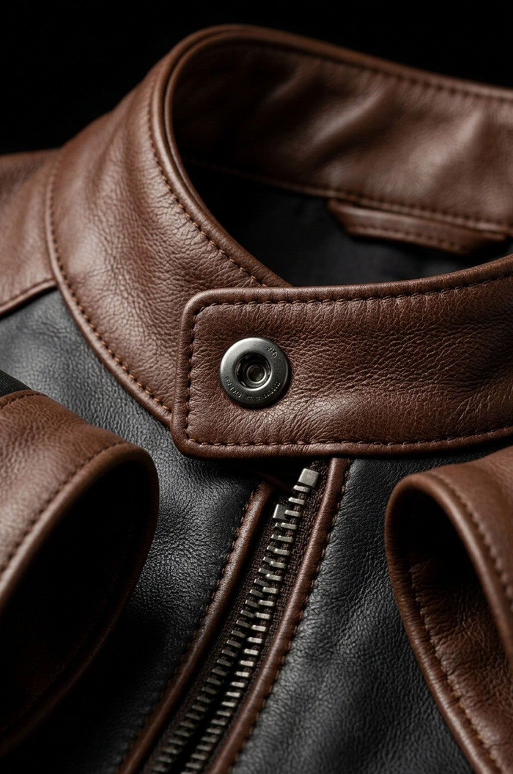 M00101 Men's Premium Genuine Leather Jacket – Black & Brown Two-Tone Stand Collar Zip-Up